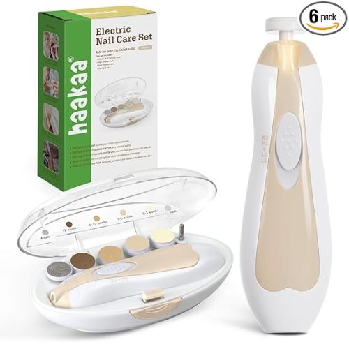 haakaa Electric Baby Nail Trimmer for Newborns, Infants & Toddlers – Safe & Gentle Nail Care, Whisper-Quiet with LED Light, Baby Nail Care Kit, Includes 6 Replacement Heads & Storage Case, Acorn