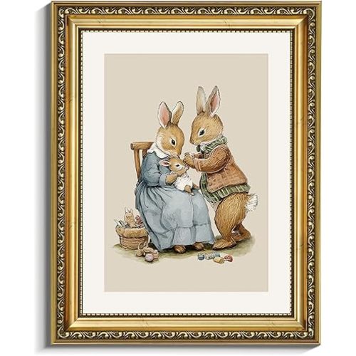 VIYYIEA Gold Framed Canvas Wall Art, 11x14 Inch Vintage Rabbit Family Illustration, Classic Storybook Animal Art for Nursery Kids Room and Home Decor