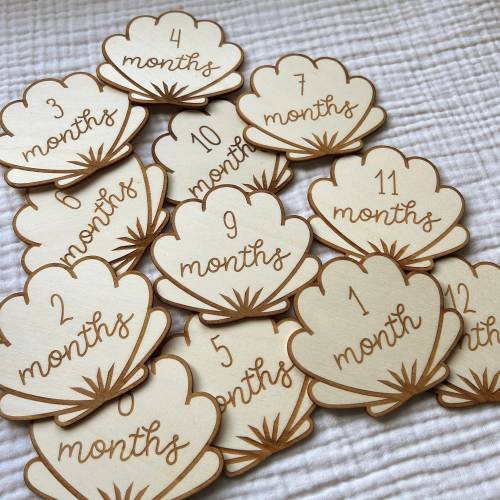 Seashell Wooden Baby Monthly Milestone Markers & Discs for Newborn Babies - Baby's Milestone Moments | Baby Shower Gift