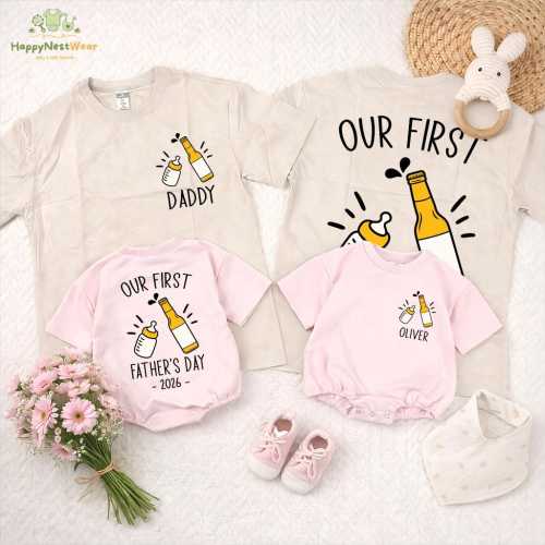 Personalized Our First Father's Day Matching Shirt, Beer and Baby Bottle Outfit, New Dad Gift Idea, Dad and Baby Tee, 1st Father's Day Gift