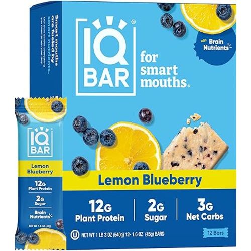 IQBAR Brain and Body Plant Protein Bars - Lemon Blueberry - 12-Count Low Carb - Gluten Free, High Fiber, Vegan Snacks - Low Sugar Meal Replacement