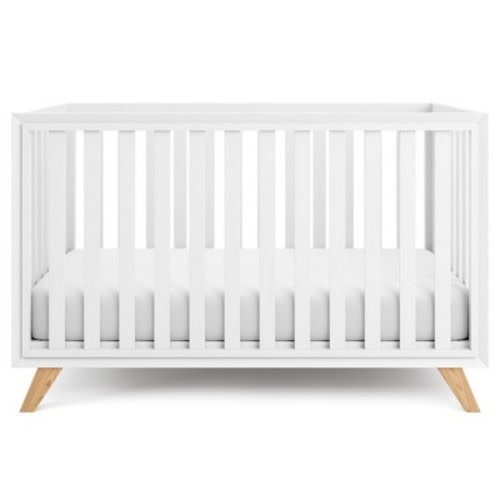 Comfy Cubs Baby Crib for 0 to 3 Years - Adjustable Mattress Height - 80 lbs Capacity Nursery Bed -White Bars and Frame and Natural Wood Leg