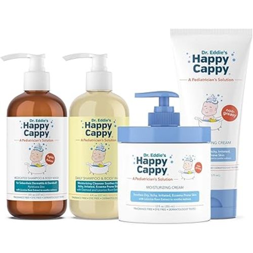 Happy Cappy 3-Step Skincare Bundle- Baby Dandruff & Cradle Cap Shampoo, Body Wash & Lotion for Eczema-Prone Skin for Infants, Kids - Medicated & Daily Shampoo (8oz each), Moisturizing Cream (6 & 12oz)