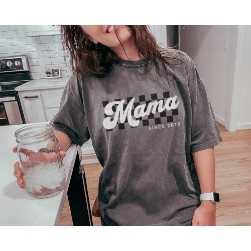 Retro Mama Shirt with Est Year Trendy Checkerboard Custom Mothers Day Gift for Mom, Gift for Mama Birthday, New Mom Gift for Baby Shower