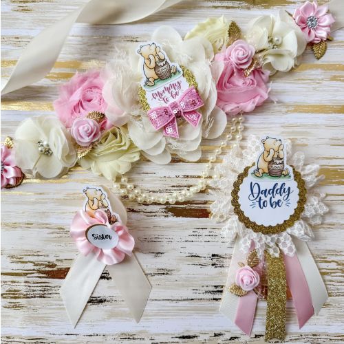 Winnie the Pooh Baby Shower Mommy to be Sash Pink Winnie the Pooh Baby Shower Gift Winnie the Pooh Gender Reveal Pin