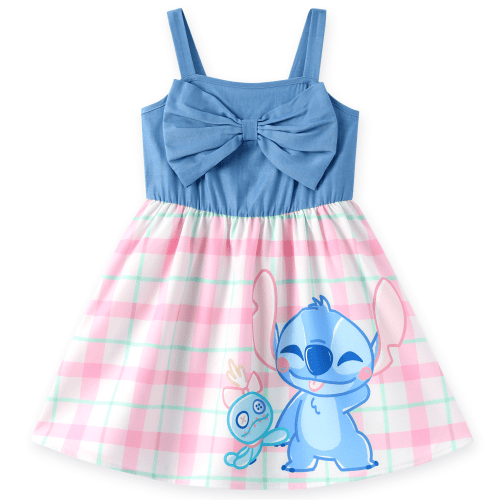 Disney Stitch Girls Dress Pink Plaid Graphic Skirts with Faux Denim Bow Top Sleeveless Summer Outfit Newborn 3-6 Months