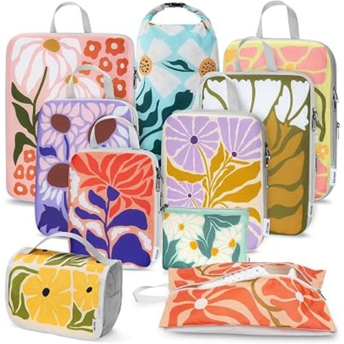Gonex Compression Packing Cubes, 10pcs Expandable Storage Travel Luggage Bags Organizers with Hanging Toiletry Bag Laundry Bag Shoe Bag Accessories Bag, Travel Cubes for Suitcase Carry On (Flowers)