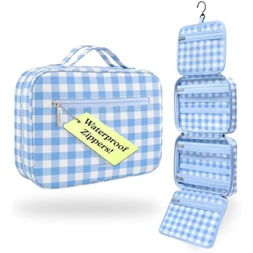 VANDEL Waterproof Hanging Toiletry Bag for Travelling, Hanging Makeup Organizer Bag, Cosmetic Travel Bags for Women, Makeup Case Toiletries Organizer Hygiene Bathroom Shower Caddy - Blue Gingham