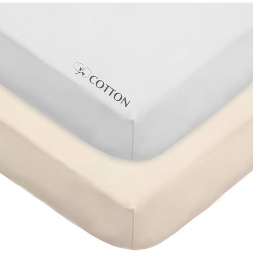 American Baby Company 2 Pack 100% Natural Cotton Fitted Crib Sheets 52" x 28" - Soft, Breathable, Hypoallergenic & Gentle Toddler Bed Sheets, Cream and White, Neutral for Boys & Girls