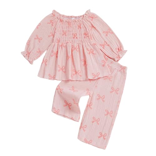 Baby Girl Cotton Linen Clothes Bow Flower Print Ruffle Long Sleeve Smocked Shirt Top Wide Leg Pants 2Pcs Fall Clothes