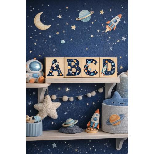 Outer Space Rocket Planets Alphabet Wood Blocks with Monogram Letters Personalized/ Boy's Space Themed Decor/ Baby Shower Gift