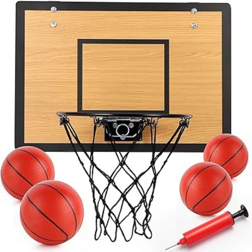 Mini Basketball Hoop for Kids,Durable Wooden Over The Door Basketball Hoop Indoor,Mini Hoops with 4 Balls and Pump for Teens and Adults