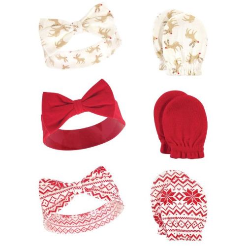 Hudson Baby Infant Girls Cotton Headband and Scratch Mitten 6pc Set, Reindeer, 0-6 Months