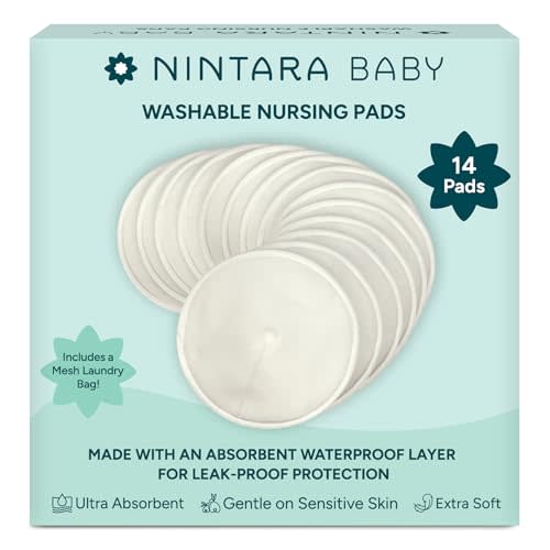 Nintara Baby Reusable Nursing Pads – 4-Layer Organic Bamboo Cotton, Ultra-Soft, Absorbent & Leak-Proof, Contoured Comfort Fit, Pack of 14 with Laundry Bag