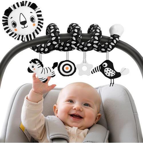FPVERA Car Seat Toys for Babies 0-6 Months: Travel Baby Toy for Soft Hanging Toys for Carseat, Spiral Plush High Contrast Black and White Toy for Boys Girls