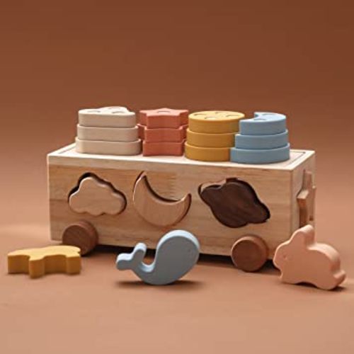 Wooden Montessori Toys with Silicone Stacking Sorting Toys for Toddlers Girl and Boy Wood Shape Sorter Preschool Learning Educational Sensory Toys for Babies and Infants Learning Fine Motor Skills