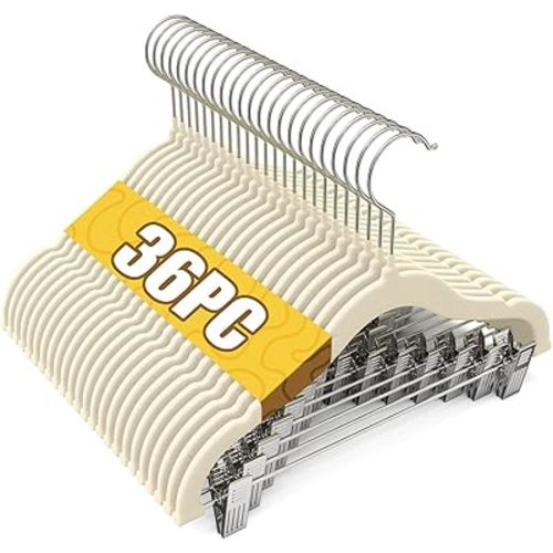 Flottian 36-Pack Baby and Kids Velvet Hangers with Clips, Non Slip and Space-Saving Kids Pants Hangers for Baby/Toddler Pants, Skirts, Coats, Beige