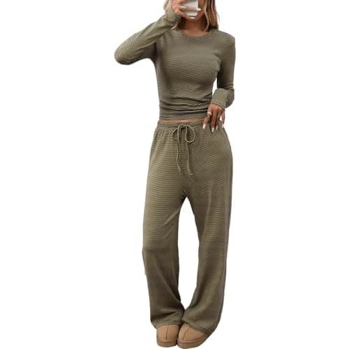 CHYRII Womens Two Piece Sets Fall Fashion Striped Long Sleeve Tops Wide Leg Palazzo Pants Outfits Loung Sets