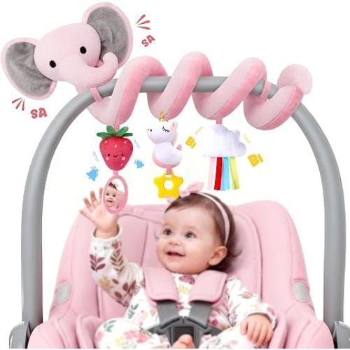 Spiral Car Seat Toys for Baby Girls 0-6 Months, Cute Pink Elephant Strawberry Stuff, Perfect Newborn Shower Gifts for Girls Essentials