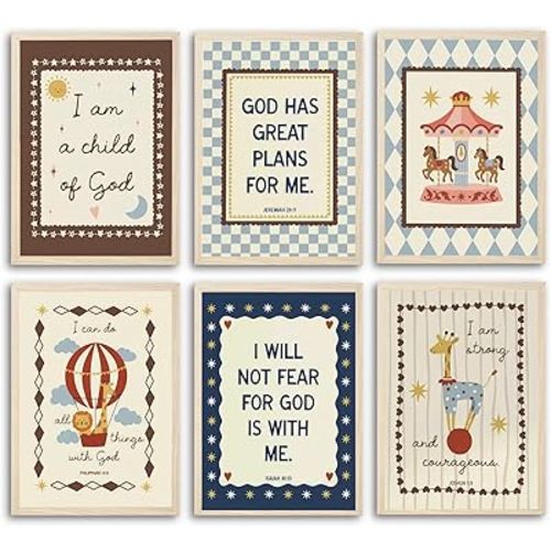 Christian Nursery Wall Art Set of 6 - Bible Verse Canvas Prints 8x10, Scripture Art for Kids Room Decor, Faith-Based Inspirational Quotes for Boys Girls Bedroom Unframed