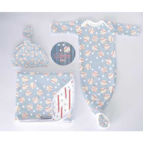 Personalized Baseball Baby Take-Me-Home Set: Swaddle, Gown, Hat & Name Disc
