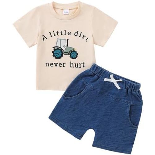 Jecson Baby Boy Summer Clothes Toddler Boy Outfits Letter Print Short Sleeve T-Shirt Denim Shorts Clothing Set 6M-4T