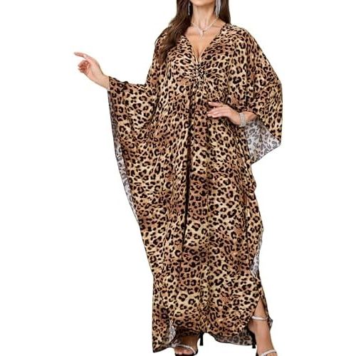 Women Kaftan Dresses Plus Size V-Neck Batwing Sleeves Beach Cover Up Summer Floral Print Caftan Dress