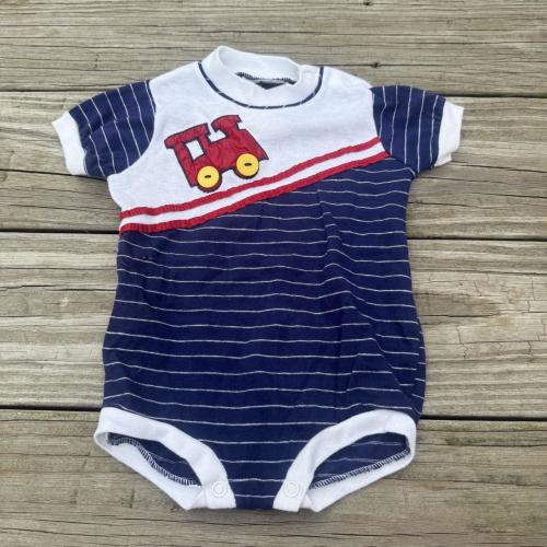 Vintage Infant Baby Train Appliqué Navy Striped...