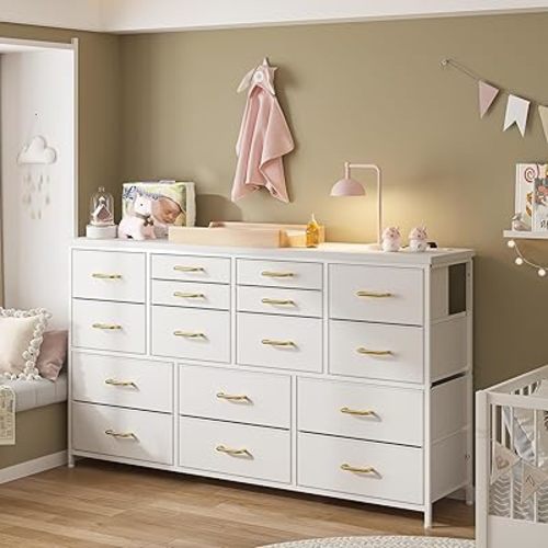 16 Drawers Long Dresser for Bedroom, 51"W Dressers with Power Outlets for 60"Inch TV for Living Room, Entertainment Center with Storage, Media TV Stand Console Table 51.1''W*11.8''D*34.8''H, White