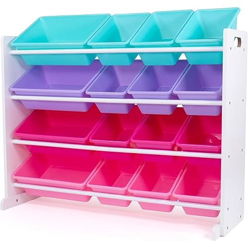 Humble Crew Toy Storage Organizer with 16 Removable Storage Bins for Kids Playroom, 4-Tier Toddler Toy Organization and Storage, White/Blue/Pink/Purple