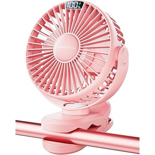 SWEETFULL Portable Clip on Fan - Battery Operated Stroller Fan, 4000mAh Small Rechargeable Fans with LED Display, 4 Speeds, Mini Personal Cooling Desk Cooler for Golf Cart Travel Camping Gym (Pink)