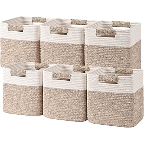 11 Inch Storage Cubes, 6 Pack Cube Storage Bins for Organizing, Cotton Rope Woven Baskets for Shelves, Bathroom, Kids Room, Closets, Baby Nursery