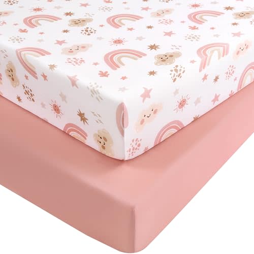 Baby Crib Sheets Girl, Fitted Crib Sheets 52" x 28", Soft Breathable Microfiber Sheets for Standard Crib and Toddler Mattress, 2-Pack Pink Rainbow