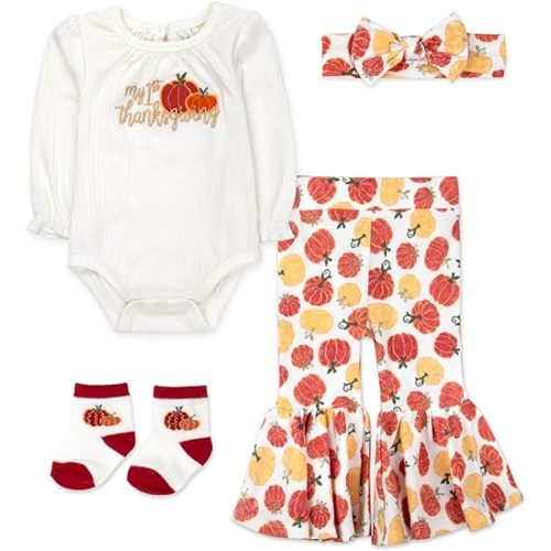 Baby Girl Holiday Outfit Set – Bodysuit, Flare Pants, Sock & Headband Hairbow for Thanksgiving Theme
