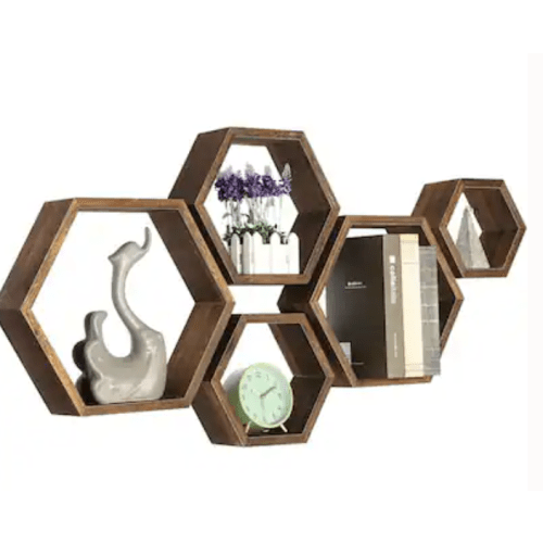 Wall Mounted Hexagon Floating Shelves - Brown