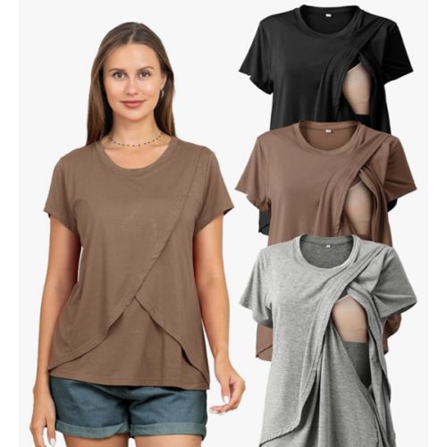 Rnxrbb 3 Pack Women's Nursing Tops for Breastfeeding Summer Short Sleeve T Shirts Postpartum Double Layer Clothes