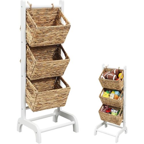 Menkxi Wicker 3 Tier Foldable Storage Basket Floor Rack with Market Storage Basket Water Hyacinth Storage Rack Hand Woven Laundry Rack for Bathroom Kitchen Laundry Room Living Room Storage(White)