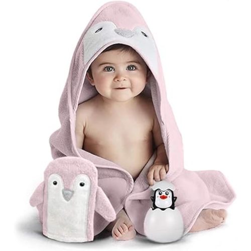 Happy & Sweet Baby Gift Set - Bamboo Viscose Hooded Penguin Bath Towel, Mitt Washcloth, and Squirt Bath Toy for Girls – Ballet Slipper Color - Bonus eBook Included