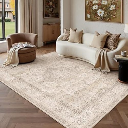 PureCozy Beige 5x7 Area Rug for Living Room,Non-Slip Washable Carpet,Floral Vintage Distress Print Pattern Area Rug,Easy Care for High Traffic Soft Carpet in Bedroom Office Coffee Table Dining Room