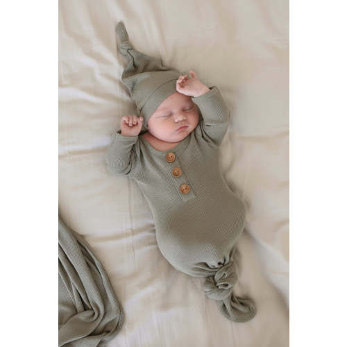 Eucalyptus Bamboo Waffle Newborn Baby Knot Gown & Hat Set