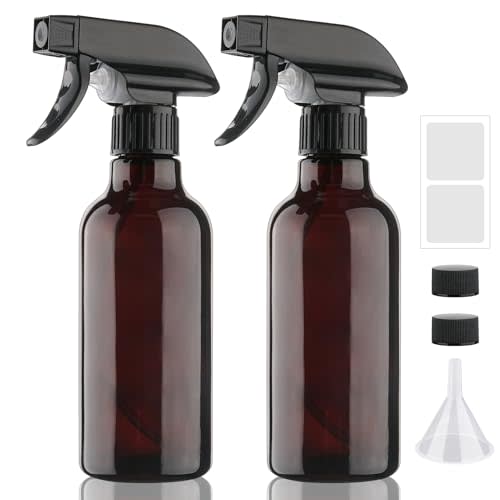 Glass Spray Bottles 12oz Empty Spray Bottle Mist/Stream Spraying Small Refillable Containers for Hair Care, Cleaning Solutions, Plants, Essential Oils 2 Pack (Brown, 12oz)