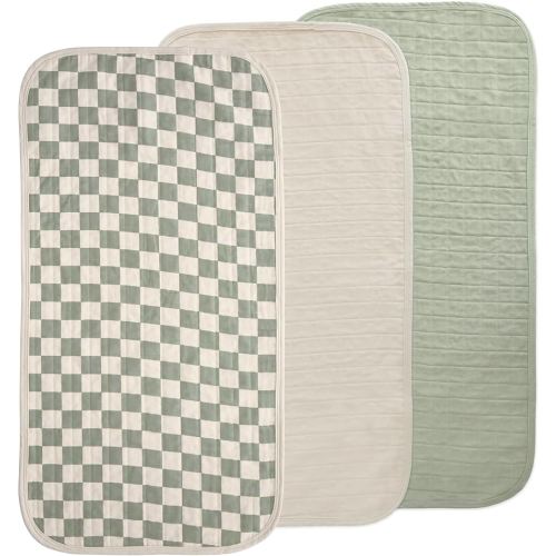 mushie Waterproof Changing Pad Liners | 100% Organic Cotton | Set of 3 (Olive Check Combo)