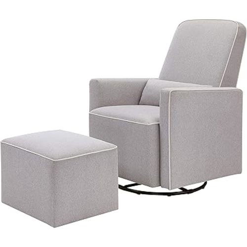 DaVinci Olive Upholstered Swivel Glider with Bonus Ottoman in Polyester Grey with Cream Piping, Greenguard Gold & CertiPUR-US Certified