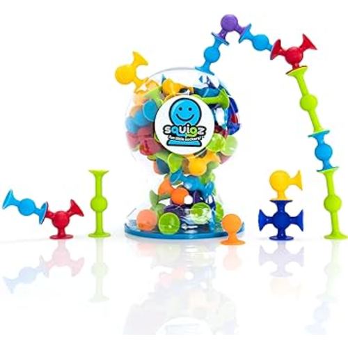 Fat Brain Toys Squigz Deluxe Set - 50-Piece Suction Construction Toys, Suction Bath Toys, Sensory Toys for Kids 3 and Up