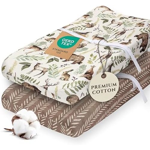 Pobibaby - 2 Pack Premium Changing Pad Cover - Ultra-Soft Cotton Blend, Stylish Woodland Pattern, Safe and Snug for Baby (Wildlife)
