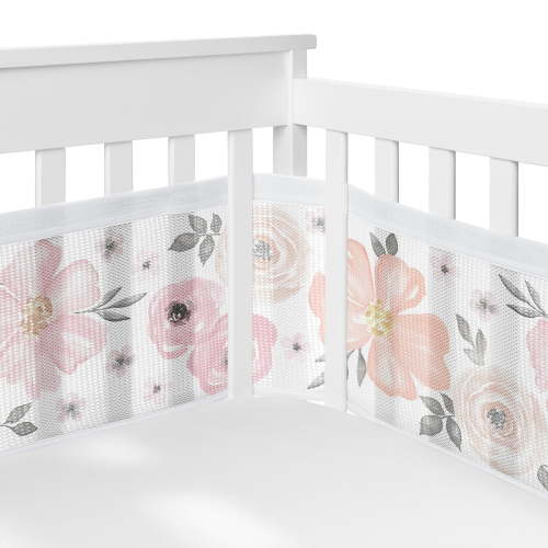 Sweet Jojo Designs + BreathableBaby Watercolor Floral Pink Grey and White Breathable Mesh Crib Liner Pad