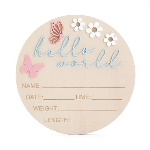 Hello World Newborn Sign, 5.9 Inch Butterfly Birth Welcome Board | Pink Announcement Sign for Hospital Nursery Newborn Boys Girls Photo Props Baby Shower