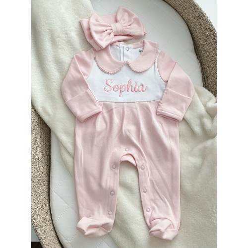 Baby Girl Coming Home Outfit, Embroidered Footie with Bow, Monogrammed Footie, Personalized Pink Sleeper for Newborn, Cute Baby Shower Gift