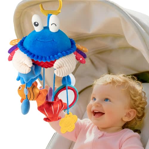 Car Seat Toys for Babies 0-6 Months, Hanging Baby Activity Toy for Stroller, Crib & Gym, Tummy Time Sensory Crab Plush Toys for Newborn, 0 3 6 9 12 M Clip-On Montessor Toy, Baby Boy Girl Gifts