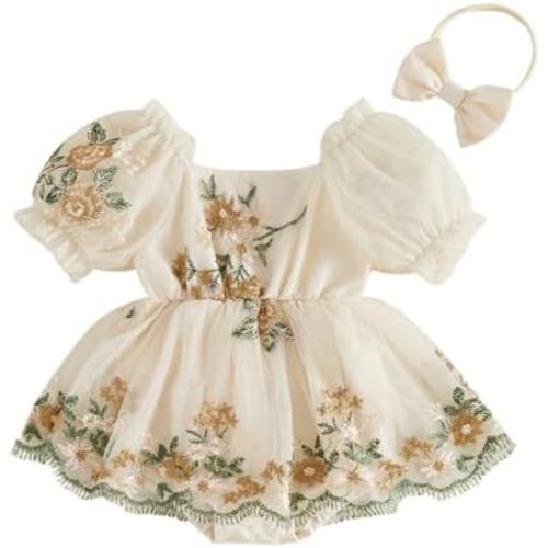 Douhoow Baby Girl Summer Romper Flying Sleeve Floral Embroidery Baby Dress Romper with Headband Infant Festival Clothes